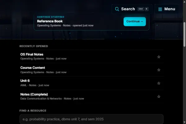 Your home page with Continue studying and recently opened
