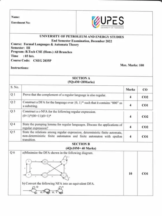 End-Sem 2021(Dec)[CSE], Formal Languages and Automata Theory