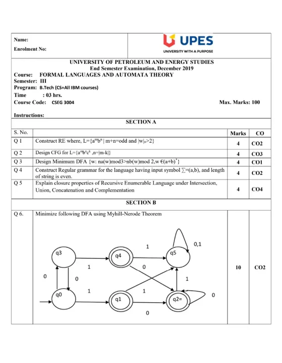 End-Sem 2019(Dec)[CSE], Formal Languages and Automata Theory