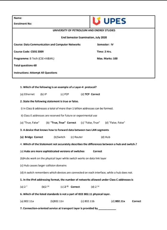 End-Sem 2020(July)[CSE], Data Communication & Networks