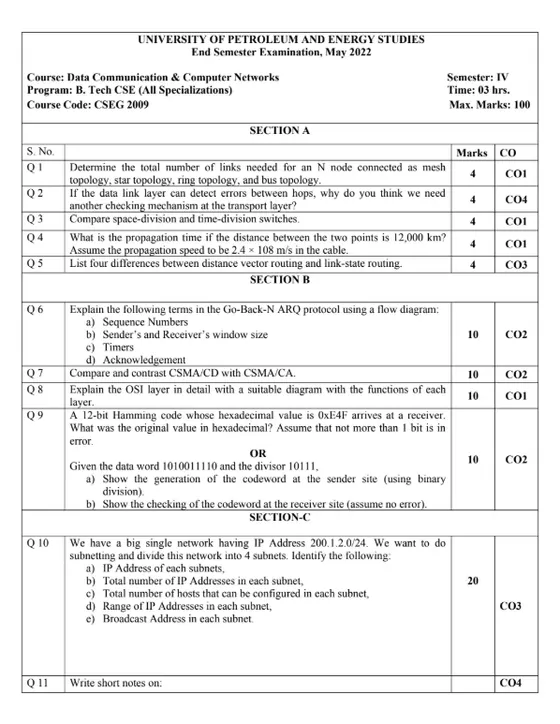 End-Sem 2022(May)[CSE], Data Communication & Networks