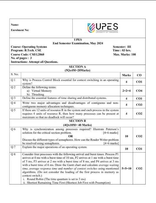 End-Sem 2024(Dec)[CSE], Operating Systems