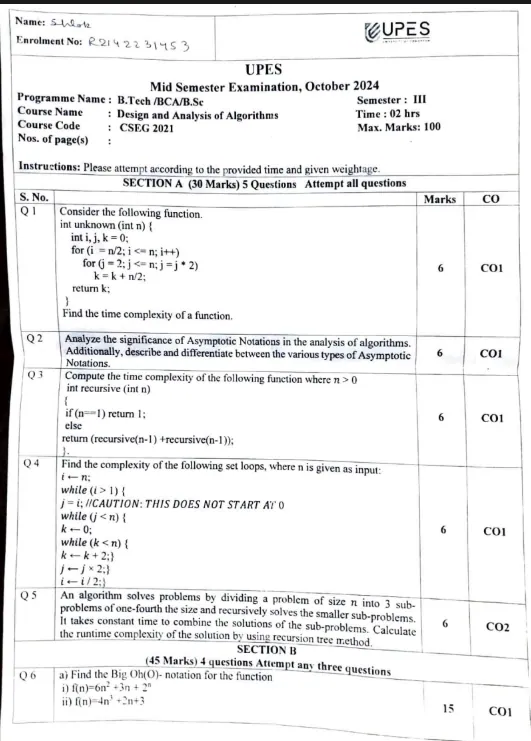 Mid-Sem 2024(Oct)[CSE], Design & Analysis of Algorithms