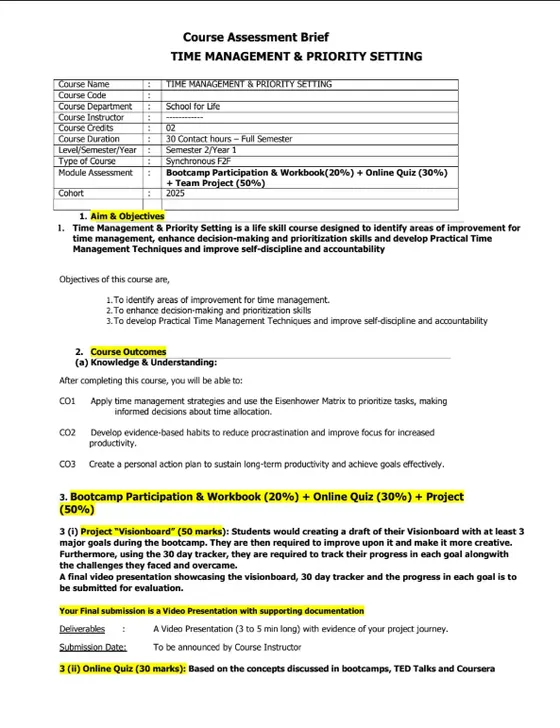 Course Content, Time Management & Priority Setting