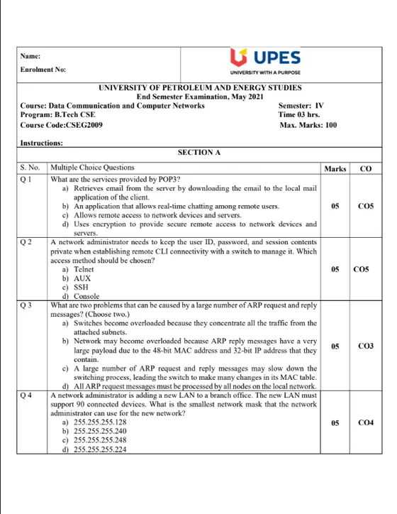 End-Sem 2021(May)[CSE], Data Communication & Networks