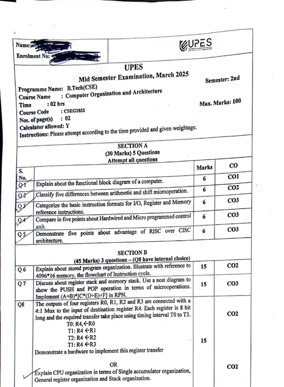 Mid-Sem 2025(March)[CSE], Computer Organisation & Architecture