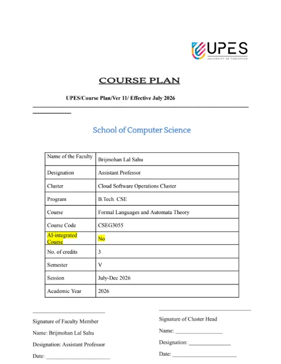 Course Content, Formal Languages and Automata Theory