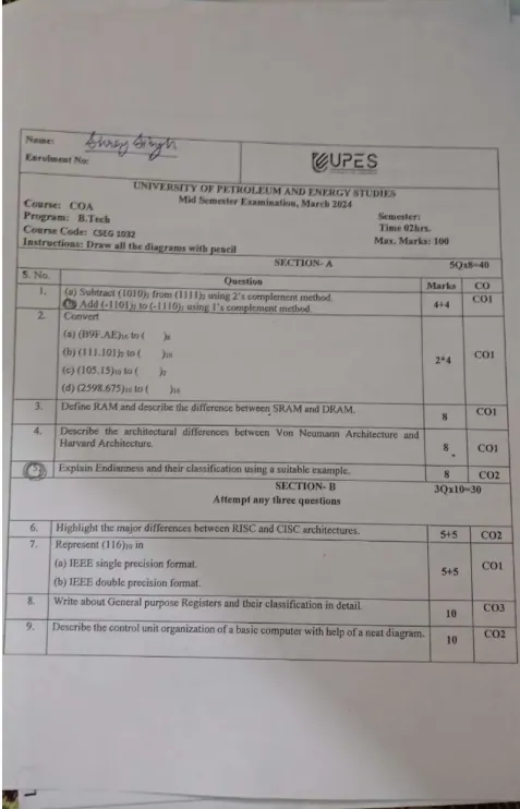 Mid-Sem 2024(March)[CSE], Computer Organisation & Architecture