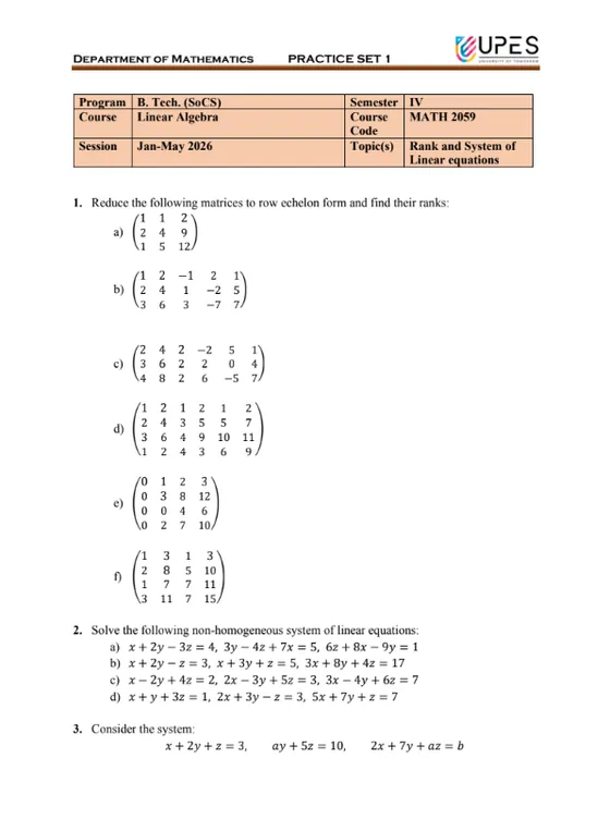 Practise Set 1 ✅Solved, Linear Algebra