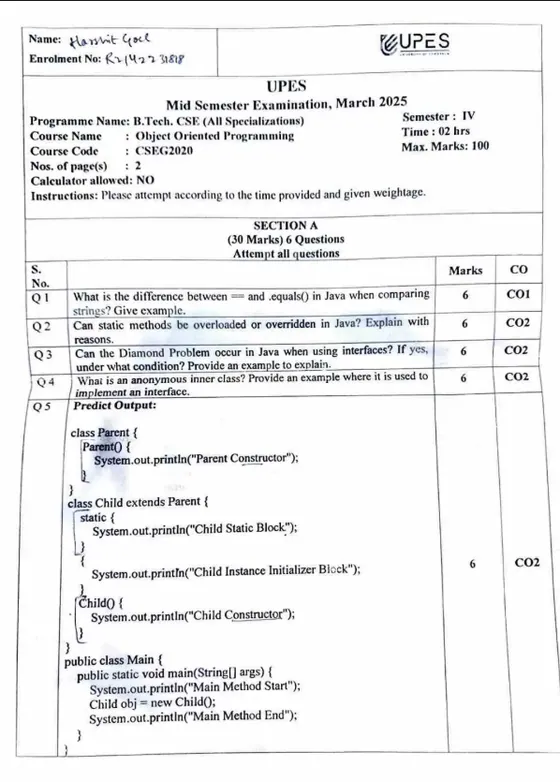Mid-Sem 2025(March)[CSE], Object Oriented Programming