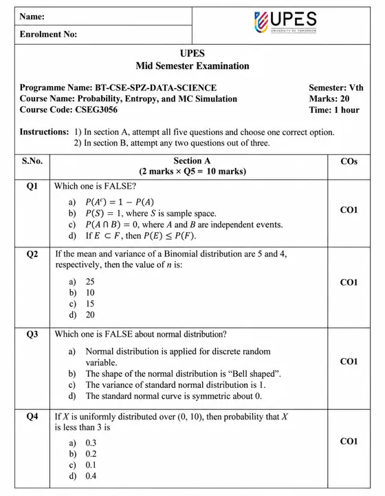 End-Sem 2023(Dec)[CSE], Probability, Entropy, and MC Simulation