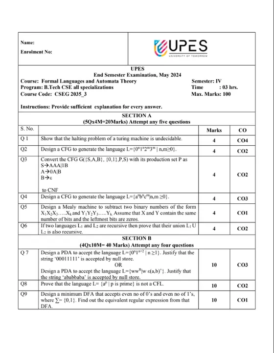 End-Sem 2024(May)[CSE], Formal Languages and Automata Theory