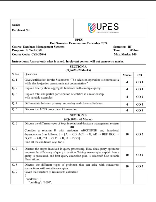 End-Sem 2024(Dec)[CSE], Database Management Systems