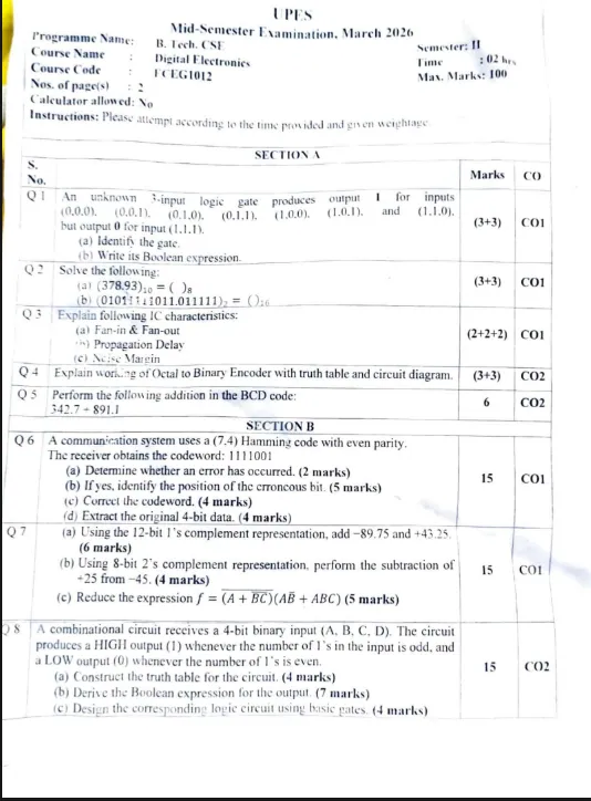 Mid-Sem 2026(March)[CSE], Digital Electronics