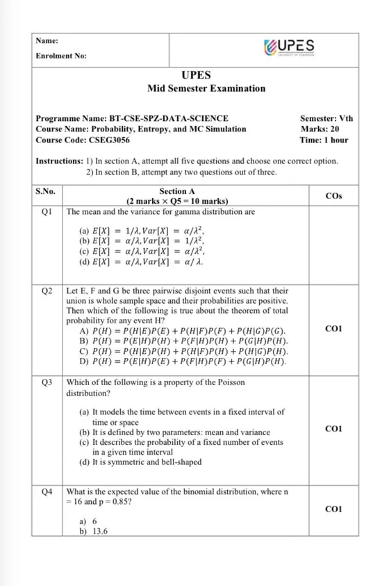 End-Sem 2023(Dec)[CSE], Probability, Entropy, and MC Simulation