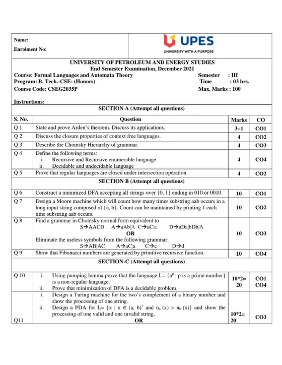 End-Sem 2021(Dec)[CSE], Formal Languages and Automata Theory