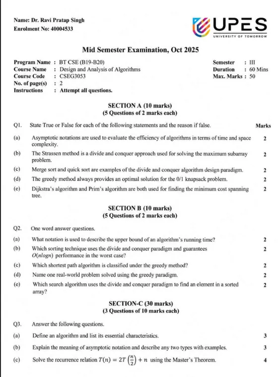 Mid-Sem 2024(Oct)[CSE], Design & Analysis of Algorithms