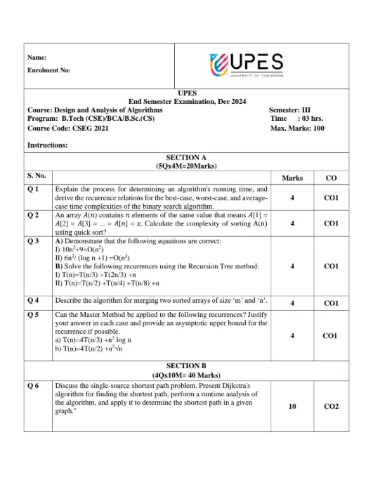 End-Sem 2024(Dec)[CSE], Design & Analysis of Algorithms