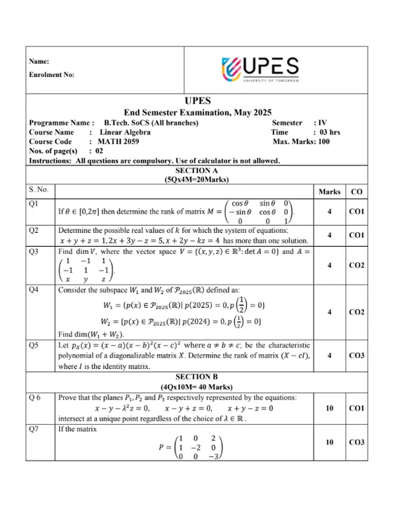 End-Sem 2025(May)[CSE] ✅Solved, Linear Algebra