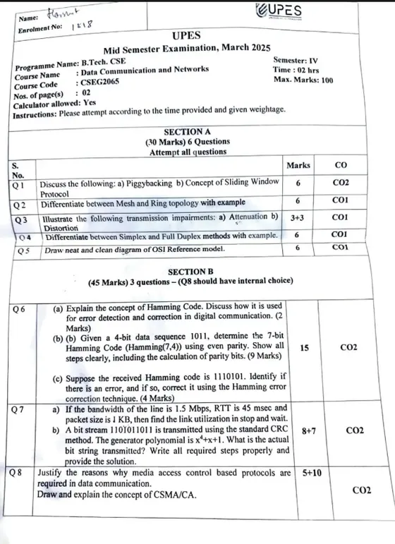 Mid-Sem 2025(March)[CSE], Data Communication & Networks