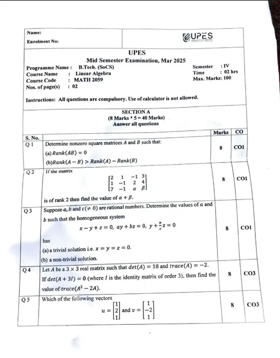Mid-Sem 2025(March)[CSE] ✅Solved, Linear Algebra