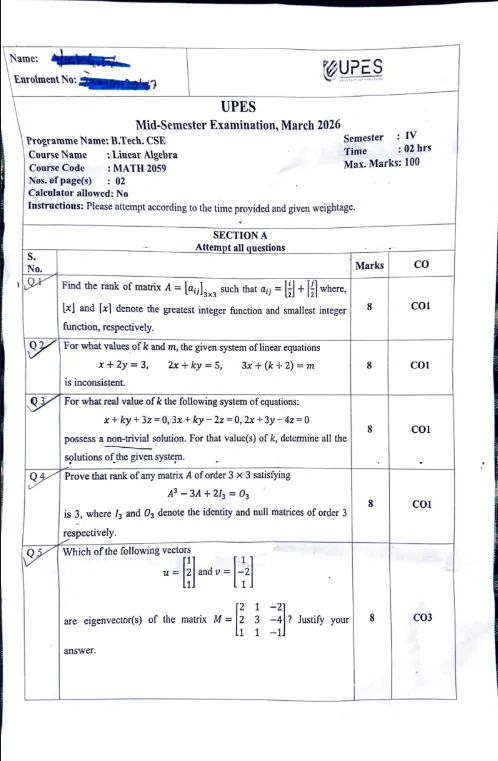Mid-Sem 2026(March)[CSE], Linear Algebra