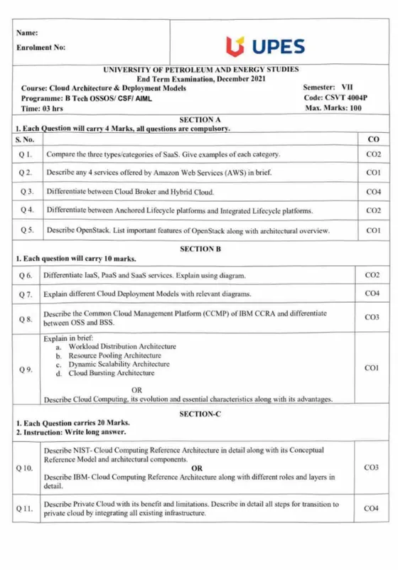 End-Sem 2022(Dec)[CSE], Cloud Computing Architecture and Deployment Models