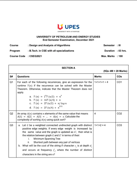 End-Sem 2021(Dec)[CSE], Design & Analysis of Algorithms
