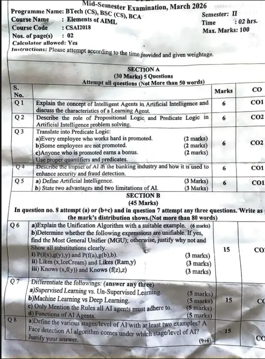 Mid-Sem 2026(March)[CSE], Elements of AIML