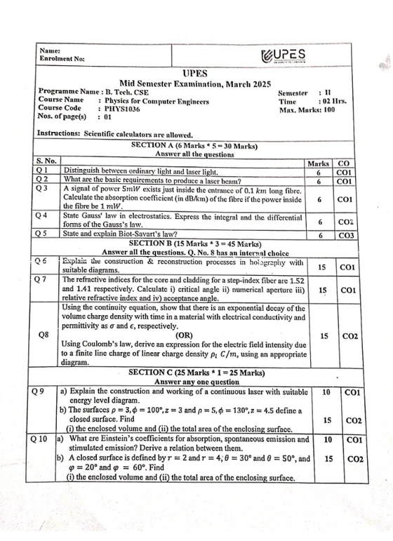 Mid-Sem 2025(March)[CSE], Physics