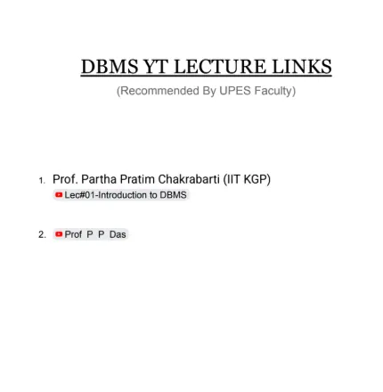 YT Lecture Links, Database Management Systems