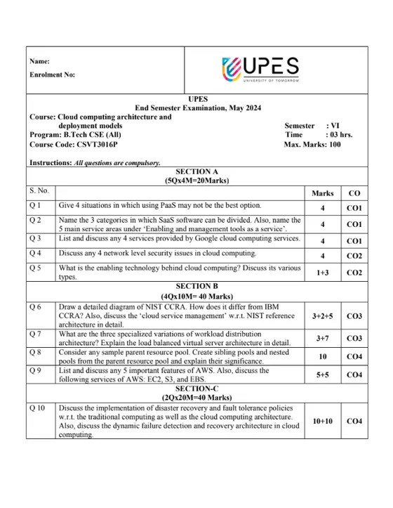 End-Sem 2024(May)[CSE], Cloud Computing Architecture and Deployment Models