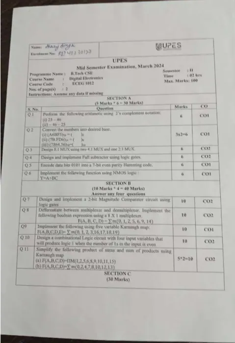 Mid-Sem 2024(March)[CSE], Digital Electronics
