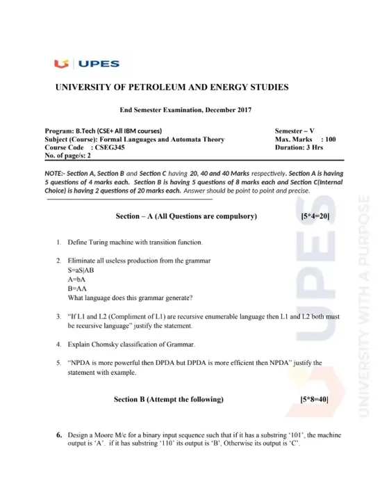 End-Sem 2017(Dec)[CSE], Formal Languages and Automata Theory