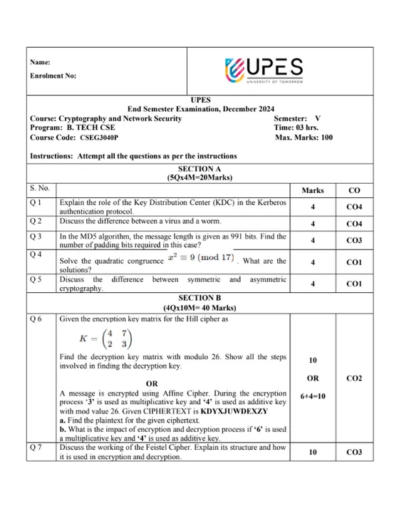 End-Sem 2024(Dec)[CSE], Cryptography and Network Security