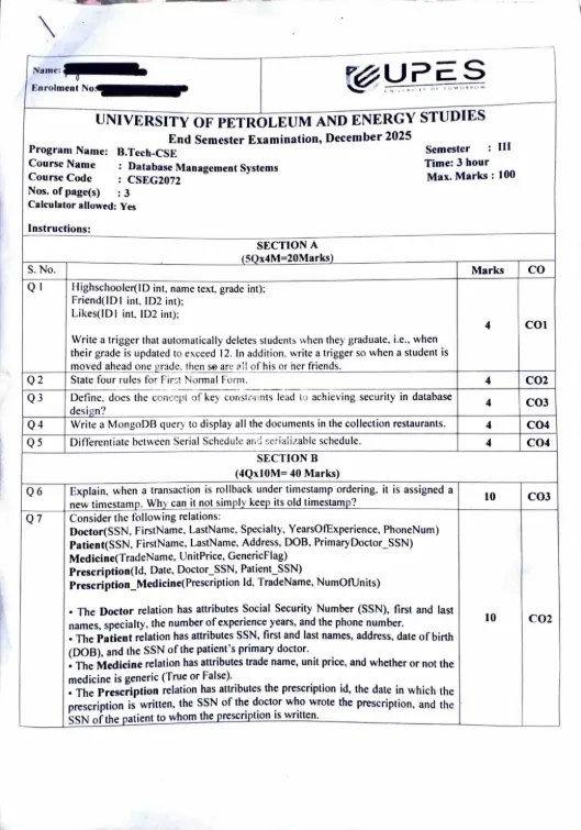 End-Sem 2025(Dec)[CSE], Database Management Systems