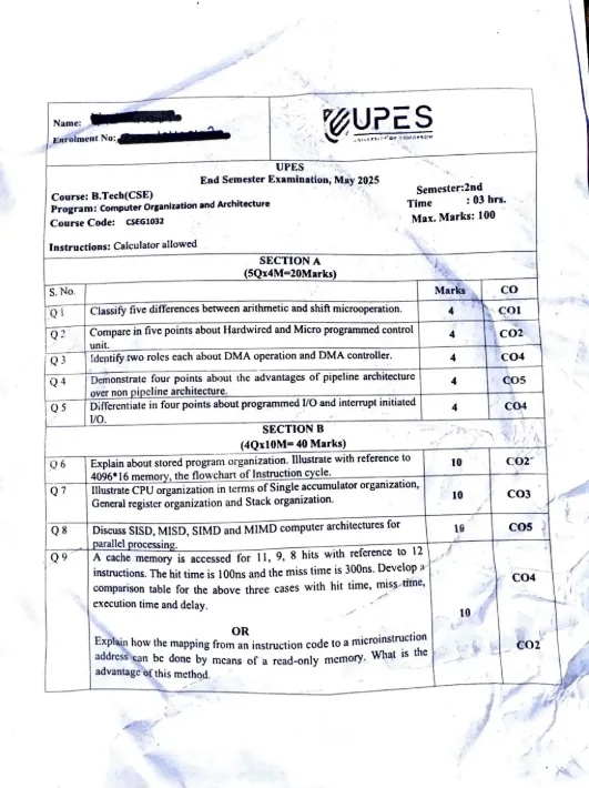 End-Sem 2025(May)[CSE], Computer Organisation & Architecture