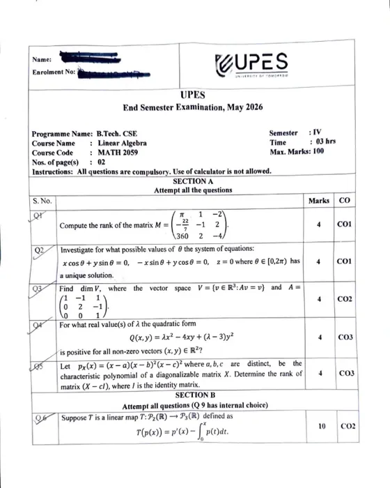End-Sem 2026(May)[CSE], Linear Algebra