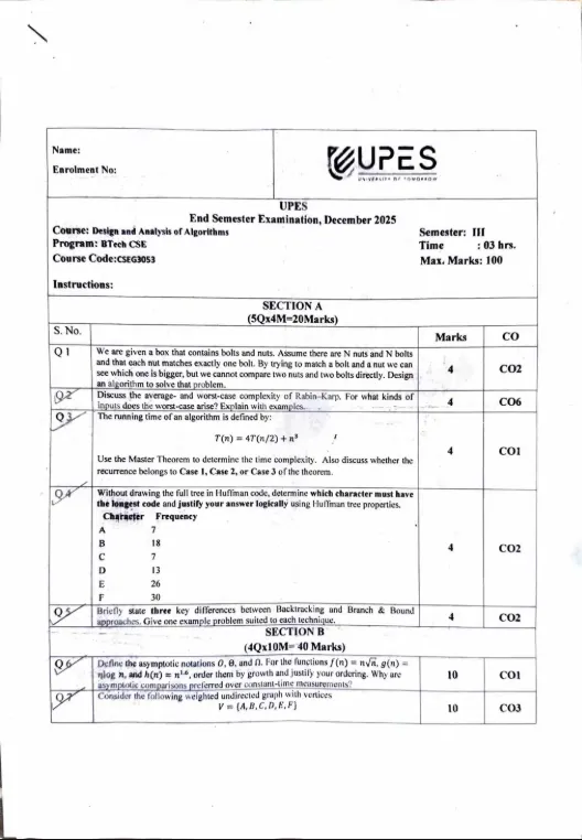 End-Sem 2025(Dec)[CSE], Design & Analysis of Algorithms
