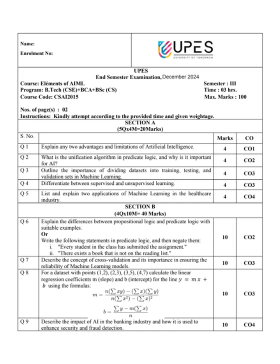 End-Sem 2024(Dec)[CSE], Elements of AIML