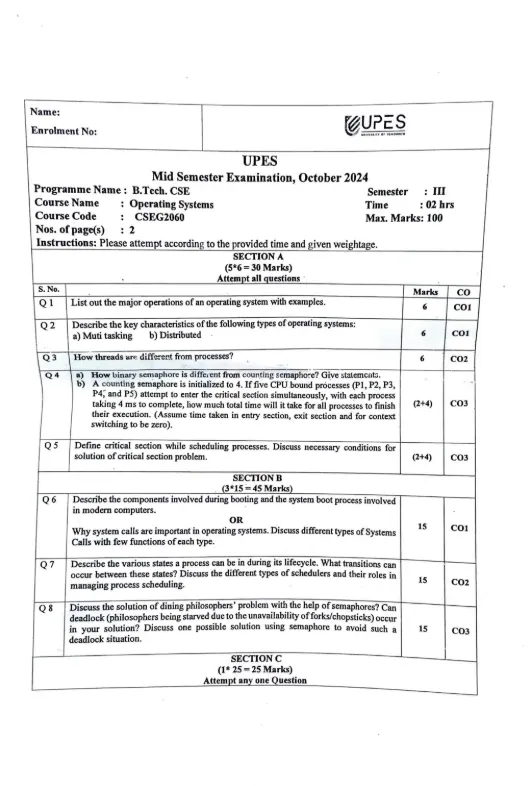 Mid-Sem 2024(Oct)[CSE], Operating Systems