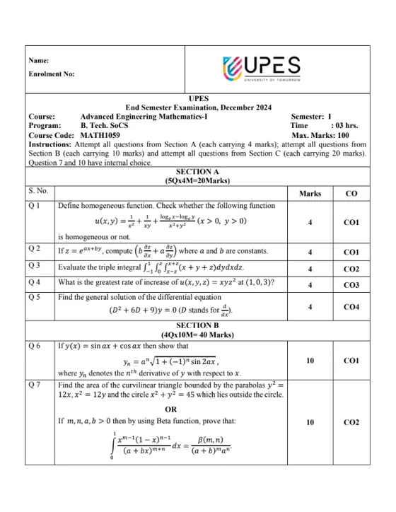End-Sem 2024(Dec)[CSE], AEM-1 (Mathematics)