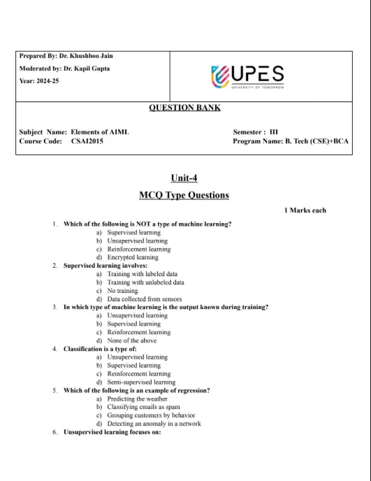 Unit 4 Question Bank, Elements of AIML