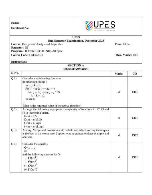 End-Sem 2023(Dec)[CSE], Design & Analysis of Algorithms