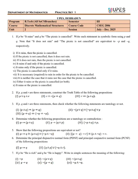 Practise Set 1[+Solutions], Discrete Mathematical Structures