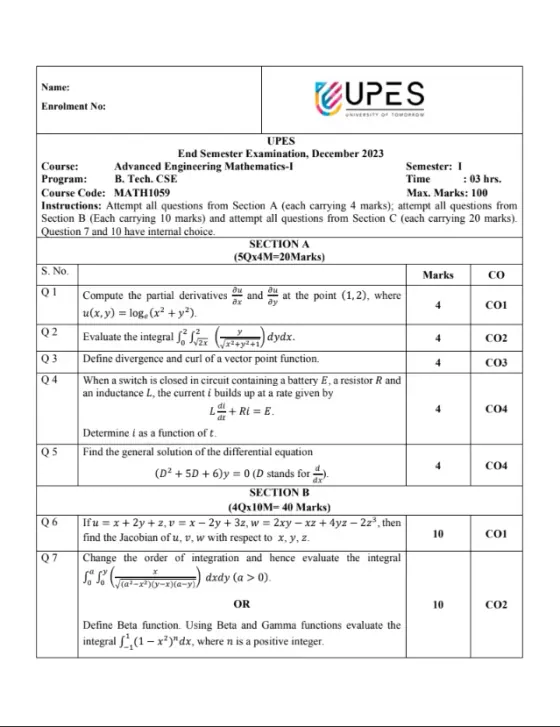 End-Sem 2023(Dec)[CSE], AEM-1 (Mathematics)