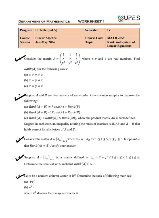 Worksheet 1✅Solved, Linear Algebra