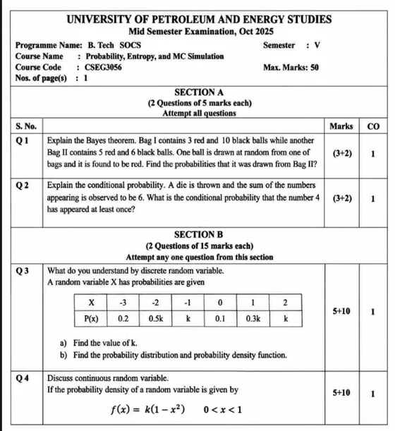 End-Sem 2023(Dec)[CSE], Probability, Entropy, and MC Simulation