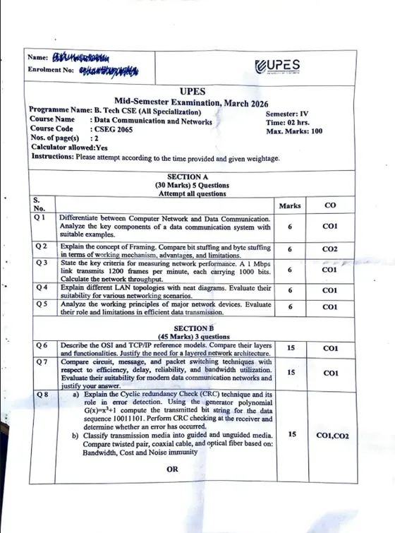 Mid-Sem 2026(March)[CSE], Data Communication & Networks