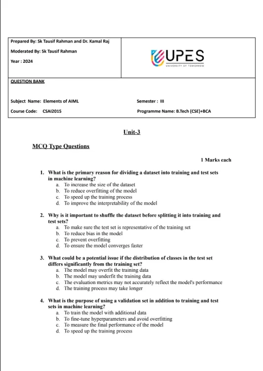 Unit 3 Question Bank, Elements of AIML